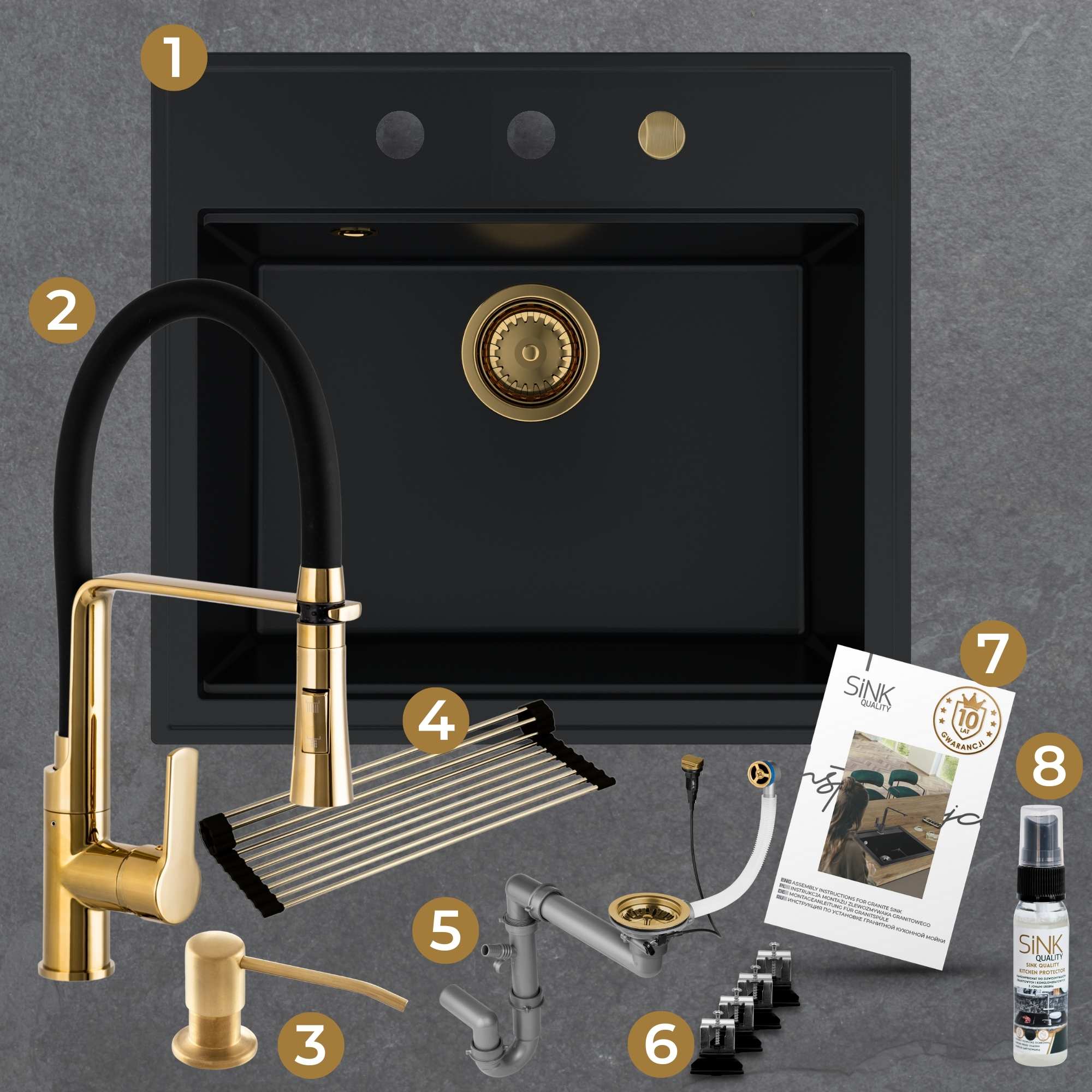 Zestaw gotowy do montażu - zlew, bateria, dozownik, mata, syfon, zaczepy, instrukcja, gwarancja, impregnat